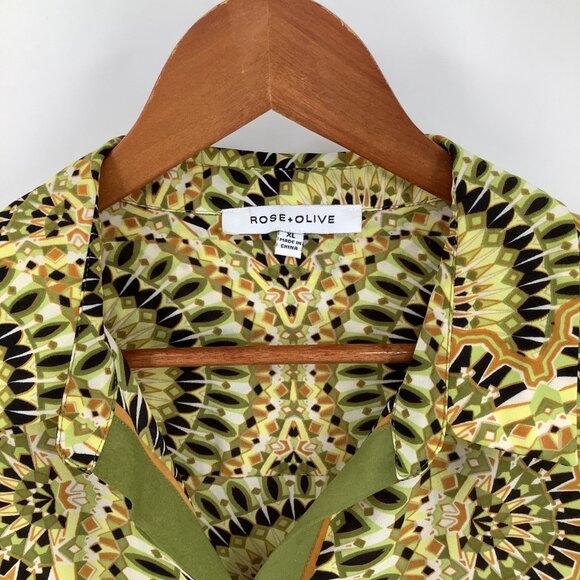 ROSE + OLIVE Top Women's XL Green Multi-Color Geometric Tie Front Blouse - Picture 2 of 5
